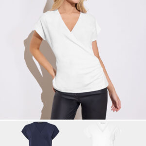 White & Navy Short Sleeve Wrap Tops