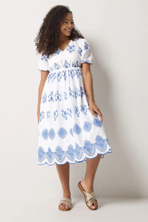 White & Blue Broderie Cotton Midi Dress