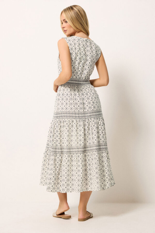 White Aztec Tiered Linen Maxi Dress
