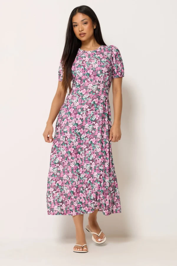 Petite Berry Purple Floral Short Sleeve Midi Dress