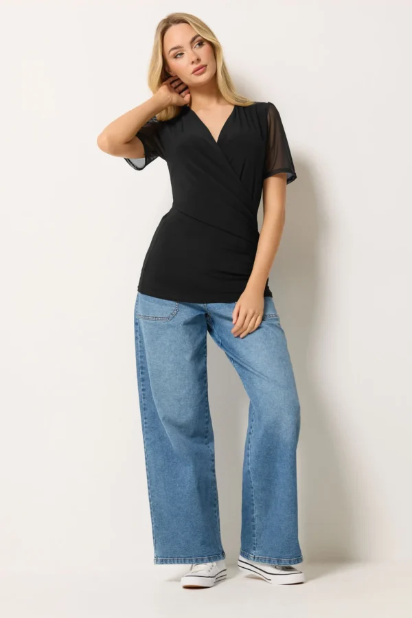 Black Mesh Short Sleeve Wrap Top