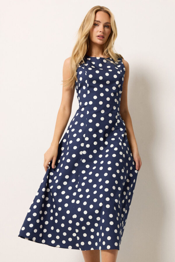 Navy Blue Polka Dot Fit & Flare Cotton Maxi Dress
