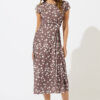 Mocha Brown Polka Dot Side Twist Midi Dress