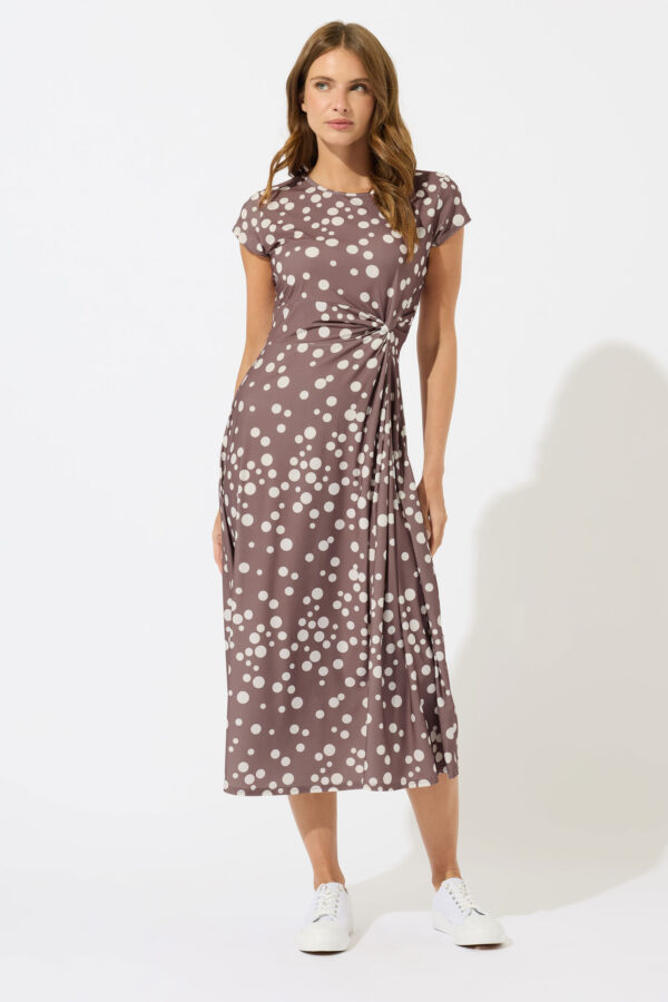 Mocha Brown Polka Dot Side Twist Midi Dress