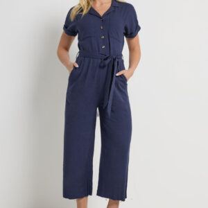 Navy Blue Tie Waist Linen Jumpsuit