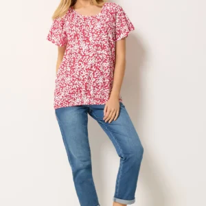 Red Ditsy Floral Cotton Scoop Neck Top