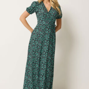 Teal Green Ditsy Floral Print Wrap Dress