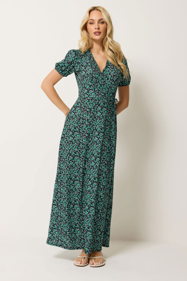 Teal Green Ditsy Floral Print Wrap Dress