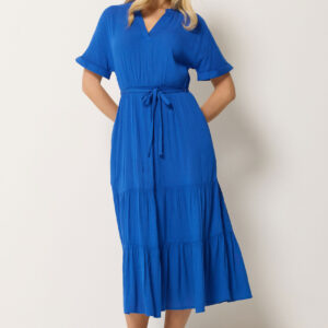 Cobalt Blue Tiered Tie Waist Midi Dress