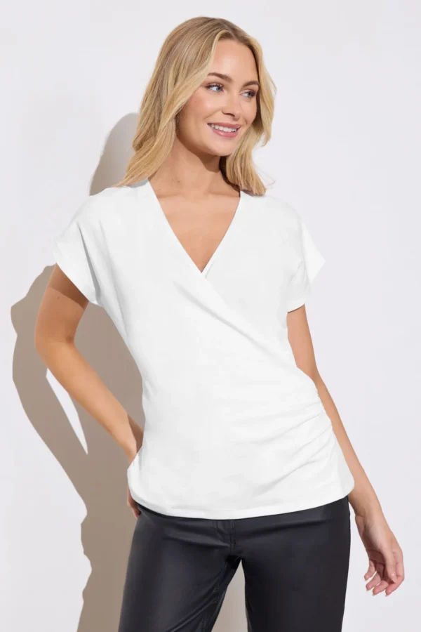 White & Navy Short Sleeve Wrap Tops