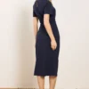 Navy Blue Tab Neck Detail Midi Dress