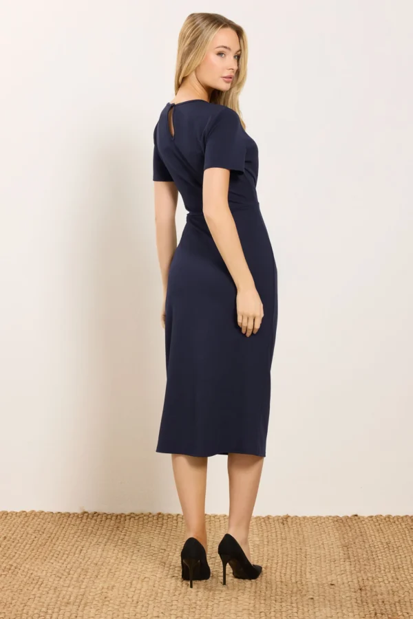 Navy Blue Tab Neck Detail Midi Dress