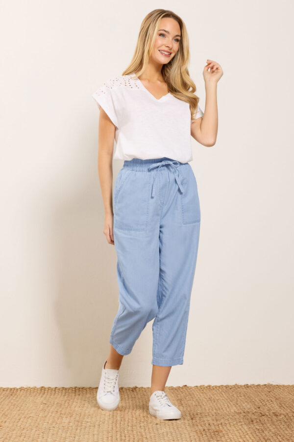 Blue Lightwash Denim Cropped Cotton Trousers