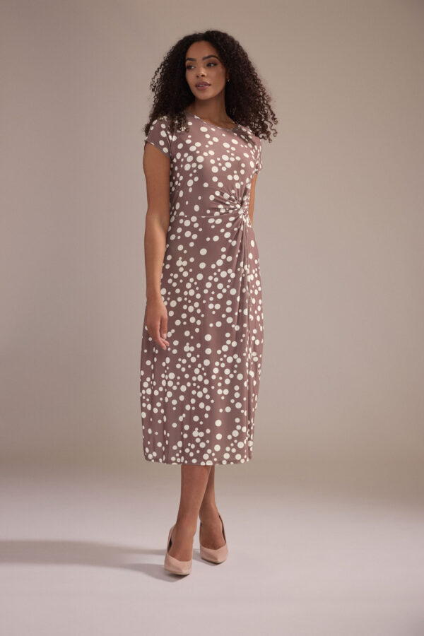 Mocha Brown Polka Dot Side Twist Midi Dress