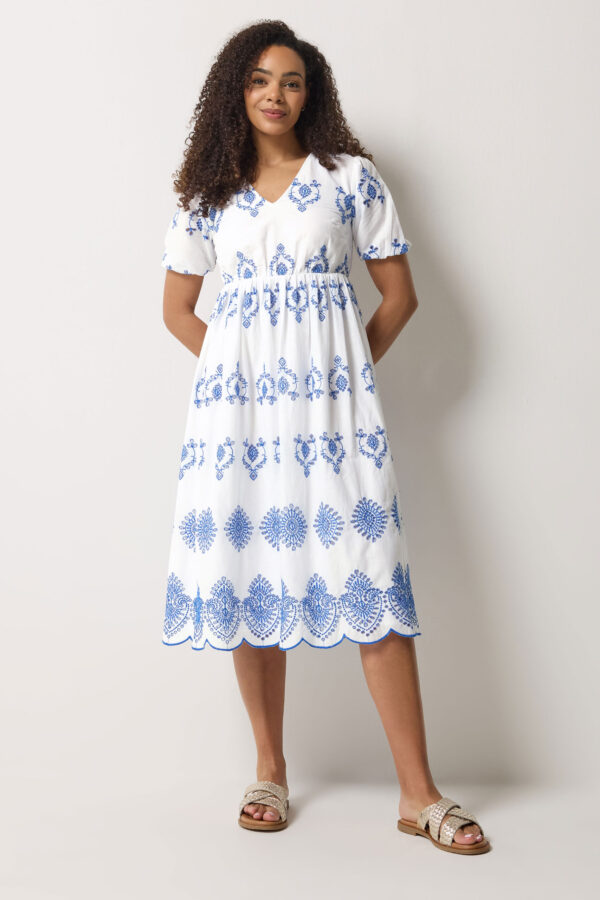 White & Blue Broderie Cotton Midi Dress