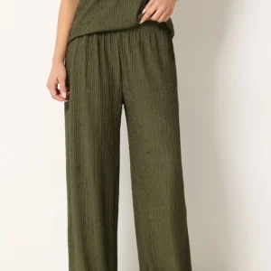 Petite Khaki Green Textured Wide Leg Trousers