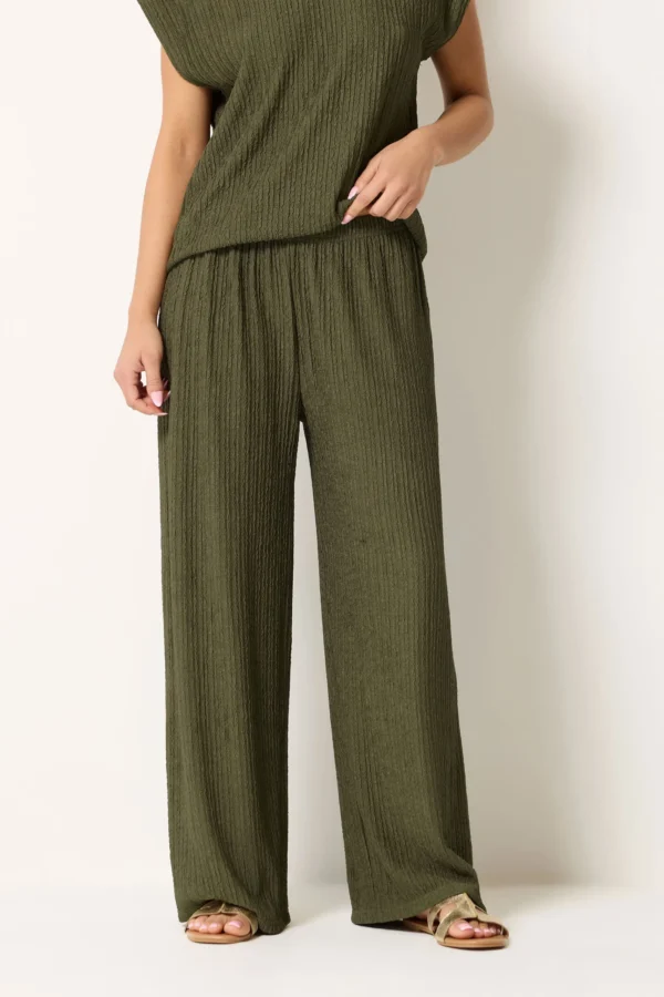 Petite Khaki Green Textured Wide Leg Trousers
