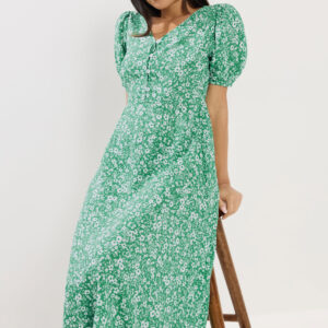 Petite Green Ditsy Floral Puff Sleeve Dress