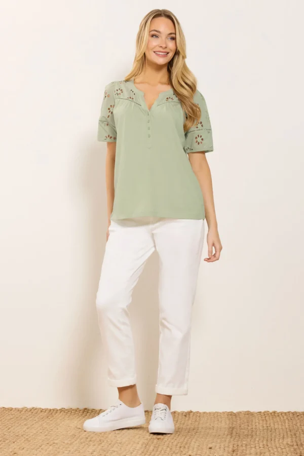 Sage Green Broderie Cotton T-Shirt