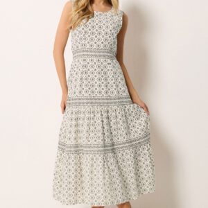 White Aztec Tiered Linen Maxi Dress