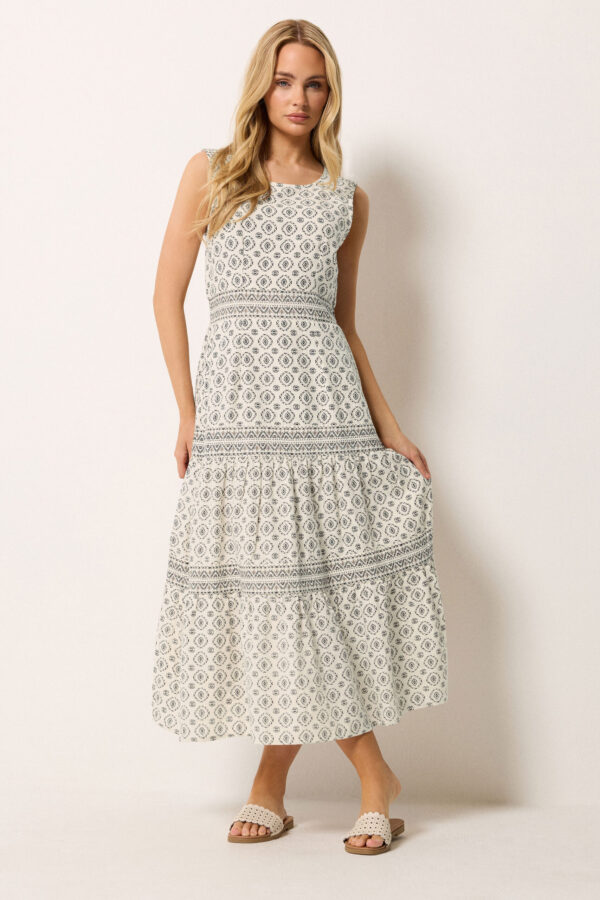 White Aztec Tiered Linen Maxi Dress