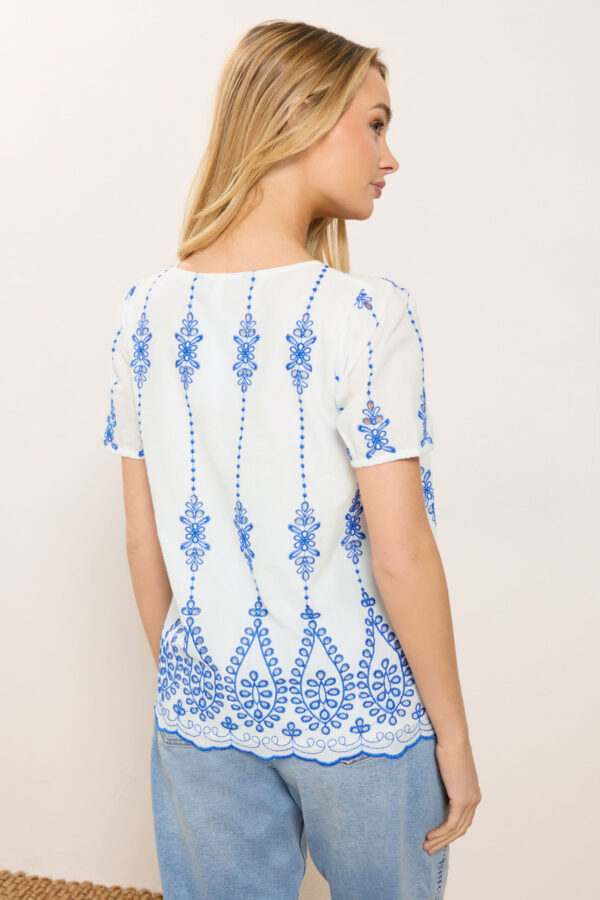 White & Blue Floral Broderie Cotton Short Sleeve Top