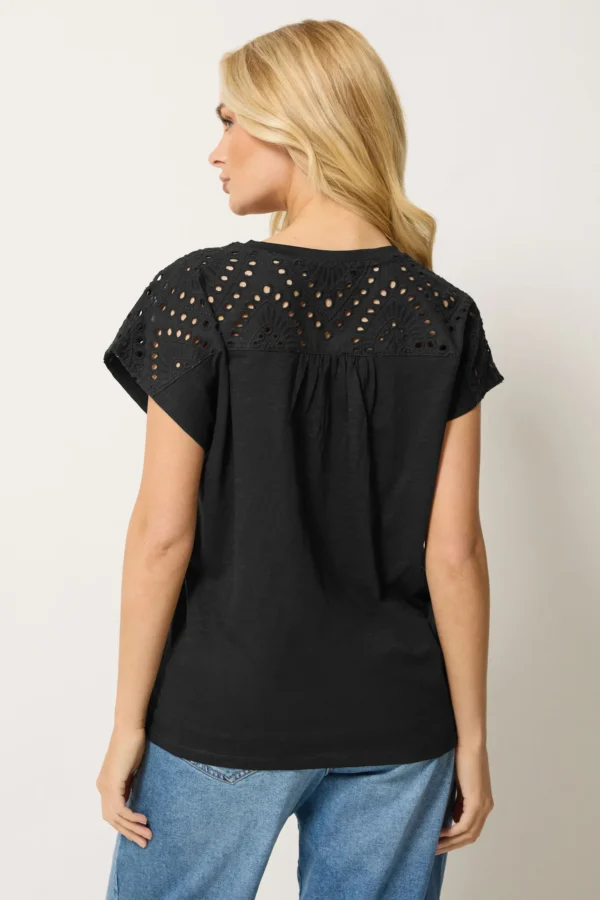 Black Broderie V-Neck Cotton T-Shirt