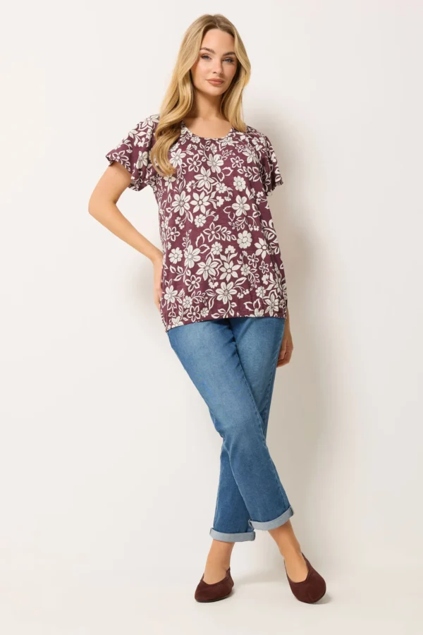 Berry Red Floral Cotton Scoop Neck Top