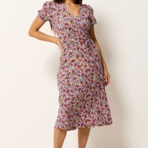 Petite Pink Ditsy Floral Midi Wrap Dress