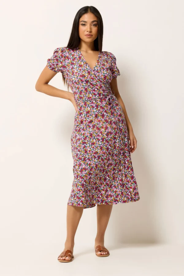 Petite Pink Ditsy Floral Midi Wrap Dress