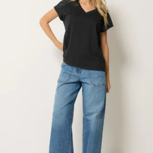 Black Broderie V-Neck Cotton T-Shirt
