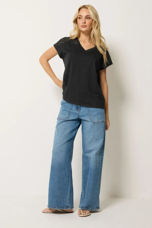 Black Broderie V-Neck Cotton T-Shirt