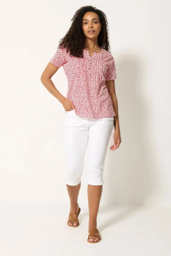 Red Floral Cotton Henley Top