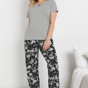 M&Co Grey Floral Print Cotton Wide Leg Pyjama Set