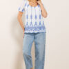 White & Blue Floral Broderie Cotton Short Sleeve Top