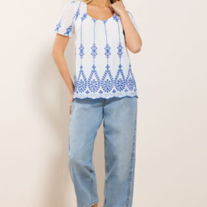 White & Blue Floral Broderie Cotton Short Sleeve Top